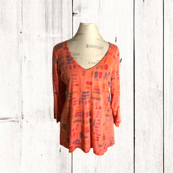 Orange Abstract Patterned Relaxed Tunic with 3/4 Sleeves - Picture 2 of 5